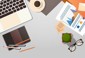Poster - workplace desk documents papers folder office stuff top angle view flat vector illustration