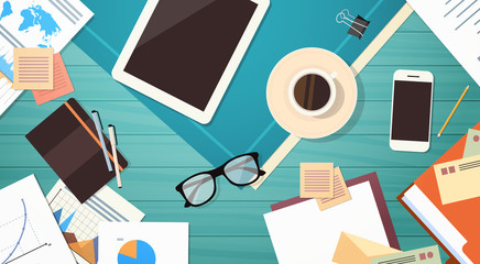 Poster - workplace desk documents papers folder office stuff top angle view flat vector illustration