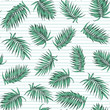 © imaginarybo - Blue green exotic tropical palm leaves. Loose random seamless pattern on striped background. Vector design illustration.
