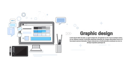 Poster - Graphic Design Creative Designer Work Equipment Concept Banner Thin Line Vector Illustration