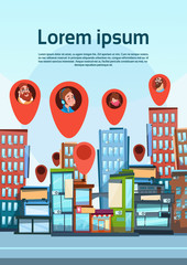 Poster - City With Navigation Pin Business People Position Flat Vector Illustration