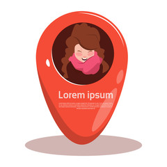 Poster - Business Woman Face Icon Navigation Pin Position Flat Vector Illustration