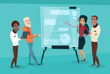 Poster - Ethnic Business People Group Seminar Training Conference Brainstorming Presentation Mix Race Team Businesspeople Office Flat Vector Illustration
