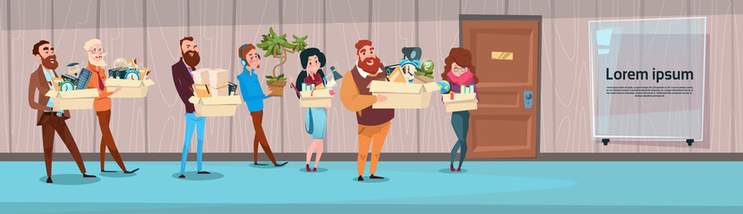 Wall Mural - Business People Group Hold Box With Office Stuff Recruitment New Job Position Vacancy Flat Vector Illustration