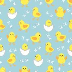 Wall Mural - Baby background with cute little chickens. Seamless pattern with yellow chicks in different poses. Vector illustration. 