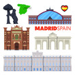 Madrid Spain Travel Doodle with Madrid Architecture, Alcala Gate and Flag