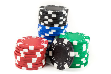 Stacks of poker chips isolated on white background