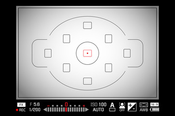 Wall Mural - Modern digital DSLR camera focusing screen with settings. White framed viewfinder camera recording template. Vector illustration