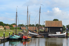 Boats In A Fishing Port At Zuiderzee Open Air Museum, Lake Ijssel, Enkhuizen, North Holland, Netherlands