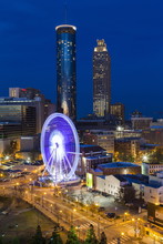 City Skyline, Elevated View Over Downtown And The Centennial Olympic Park In Atlanta, Georgia