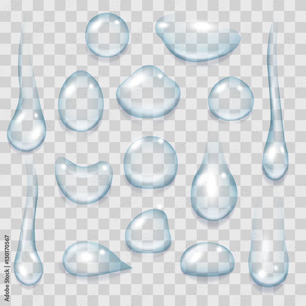 Clear water drop set. Vector drops isolated on transparent background - obrazy, fototapety, plakaty 