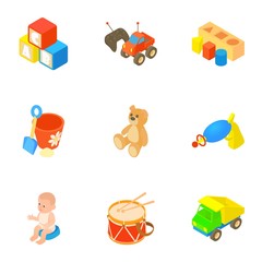 Sticker - Toys icons set. Cartoon illustration of 9 toys vector icons for web