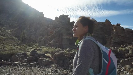 Wall Mural - Hiking in Teide National Park. Footage of dramatic volcanic landscape of Teide volcano, Tenerife, Canary Islands, Spain.