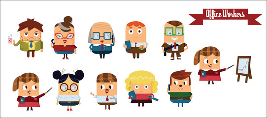 Sticker - Digital vector cartoon characters set, office workers showing different emotions, talking, eating, smiling, thinking