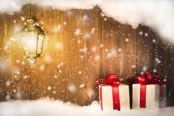 Christmas gift snow, wooden background