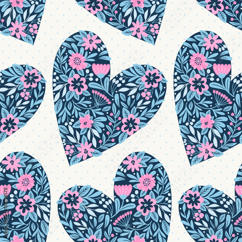 Cotton fabric Seamless pattern with hearts. Floral ornament