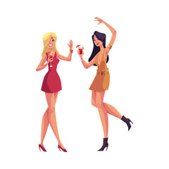 Young clubber girls, blond and black haired, in short red dresses dancing at party, cartoon vector illustration isolated on white background. Young women drinking cocktails and having fun and partying