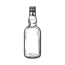 Unopened, Unlabeled Full Whiskey Bottle, Sketch Style Vector Illustration Isolated On White Background. Black And White Hand Drawing Of An Unlabeled, Unopened Whiskey, Rum, Brandy Bottle