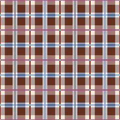 Plaid, seamless pattern, brown, vector.  Squares seamless background, green, vector. Brown-coffee squares and rectangles and a thin purple and blue lines on a light field. Colorful background.  