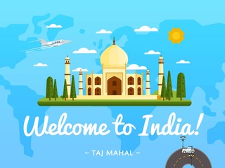 Welcome to India poster with famous attraction vector illustration. Travel design with ancient palace Taj Mahal on background world map. Worldwide air traveling, time to travel, discover new places