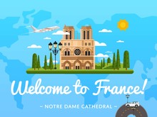Welcome To France Poster With Famous Attraction Vector Illustration. Travel Design With Notre Dame De Paris Cathedral. Time To Travel Concept With France Architectural Landmark, Worldwide Traveling