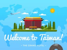 Welcome To Taiwan Poster With Famous Attraction Vector Illustration. Travel Design With Grand Hotel In Taipei. Worldwide Air Traveling, Time To Travel, Discover New Historical Places Concept