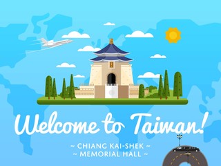 Sticker - Welcome to Taiwan poster with famous attraction vector illustration. Travel design with Chiang Kai-Shek Memorial Hall in Taipei. Worldwide air traveling, time to travel, discover new historical places