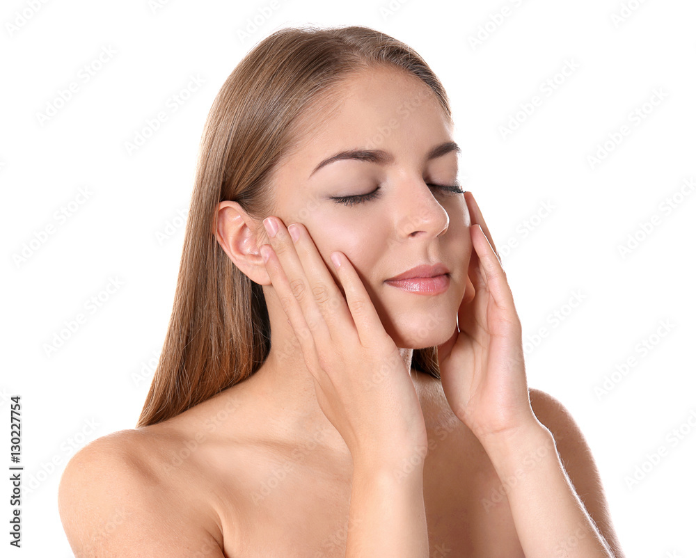 Beautiful young woman on white background
