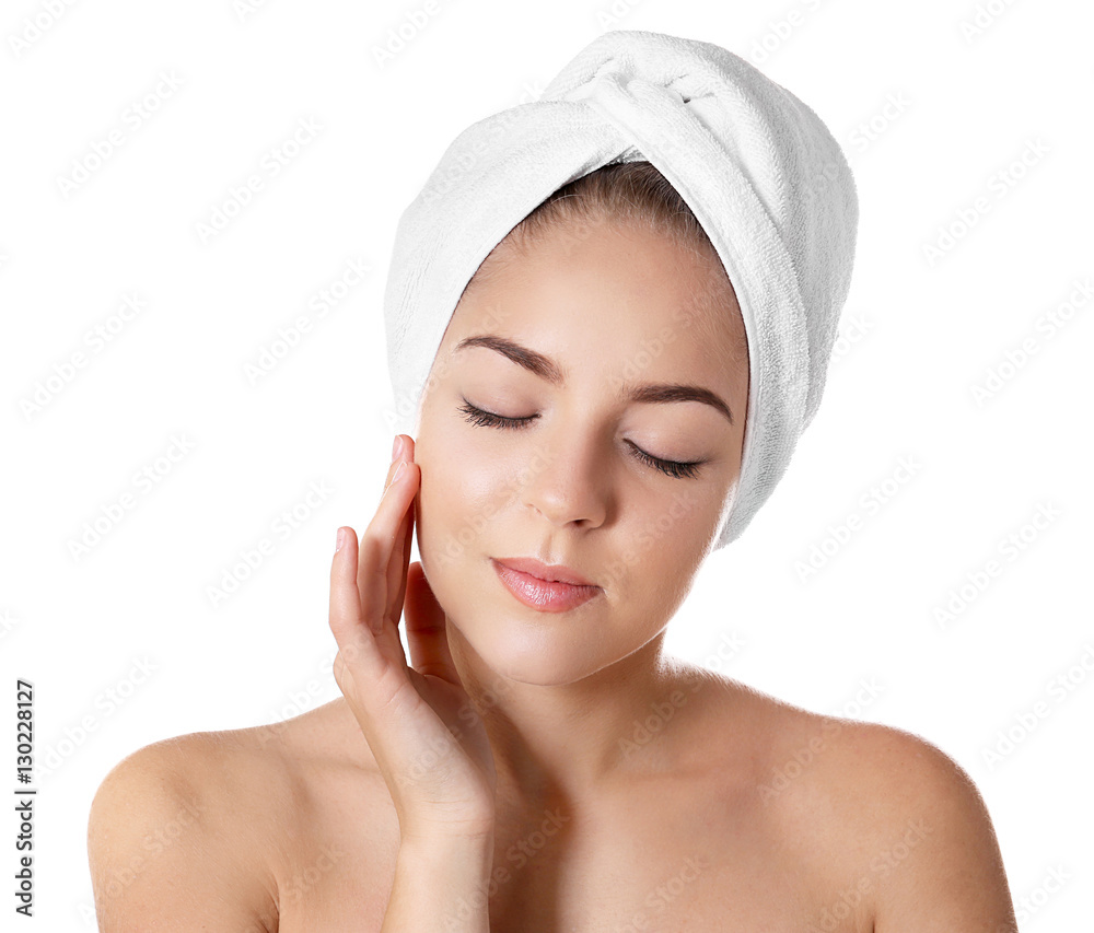 Beautiful young woman on white background