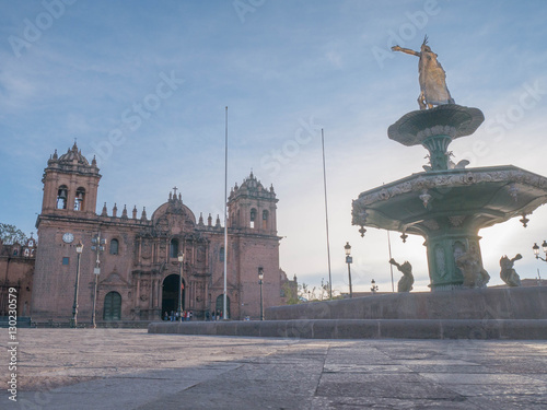 Fotografie, Obraz Manco Capac water fountain golden statue in Cusco, Peru.