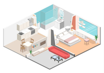 Wall Mural - Isometric flat 3D concept vector interior of studio apartments