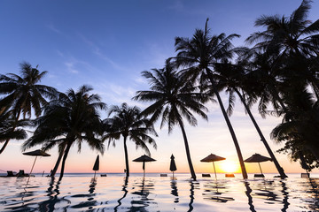 Wall Mural - Palm trees and swimming pool at tropical resort, beach, sunset