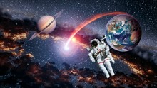Astronaut Planet Earth Saturn Spaceman Launch Outer Space Galaxy Universe. Elements Of This Image Furnished By NASA.