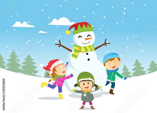 happy kids playing with sno...