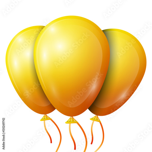 Realistic yellow balloons with ribbon isolated on white background. Vector illustration of shiny