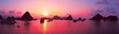 Pink sky, sunset. Panorama of Halong Bay, Vietnam