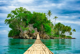Bamboo hanging bridge over sea to tropical island