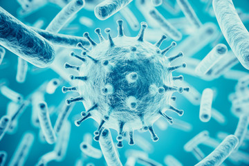 Wall Mural - 3d rendering viruses in infected organism, viral disease epidemic, virus abstract background