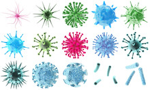 3d Rendering Virus Bacteria Icons Set, Abstract Beautiful Microbiological Colorful Cell Microbe Virus Molecule Bacteria Objects Set Isolated On Black Background.
