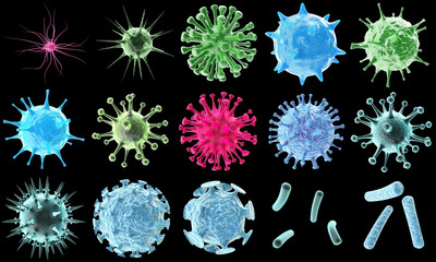 Wall Mural - 3d rendering virus bacteria icons set, abstract beautiful microbiological colorful cell microbe viru