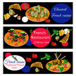 French cuisine horizontal banners. Food menu design. Vector drawn sketch illustration.