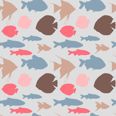 Wall Mural - Seamless pattern with different colorful fishes on blue background, vector illustration.