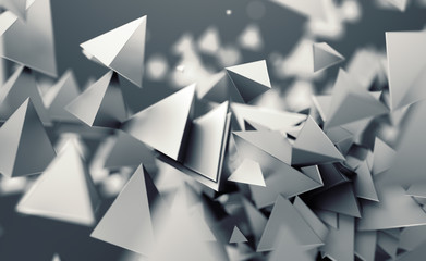 Poster - Abstract 3d rendering of chaotic low poly shapes. Flying polygonal pyramids in empty space. Futuristic background with bokeh effect. Poster design.