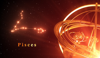Wall Mural - zodiac constellation pisces and armillary sphere over red background