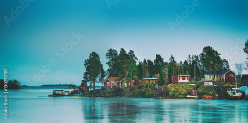 Fotografía Fisherman village in Sweden at winter after sunset - winter seasonal scandinavia