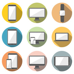 Poster - mobile phone, tablet computer, computer screen, laptop and smart watch flat icon vector illustration