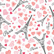 Vector Eifel Tower Paris Seamless Repeat Pattern Bursting With St Valentines Day Pink Red Hearts Of Love. Perfect for travel themed postcards, greeting cards, wedding invitations.
