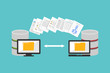 Transfer files. Sharing files. Backup files. Migration concept. Communication between two computers.