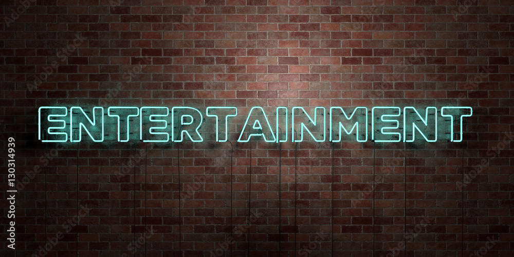 ENTERTAINMENT - fluorescent Neon tube Sign on brickwork - Front view - 3D rendered royalty free stock picture. Can be used for online banner ads and direct mailers.. - obrazy, fototapety, plakaty 