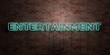 ENTERTAINMENT - fluorescent Neon tube Sign on brickwork - Front view - 3D rendered royalty free stock picture. Can be used for online banner ads and direct mailers..